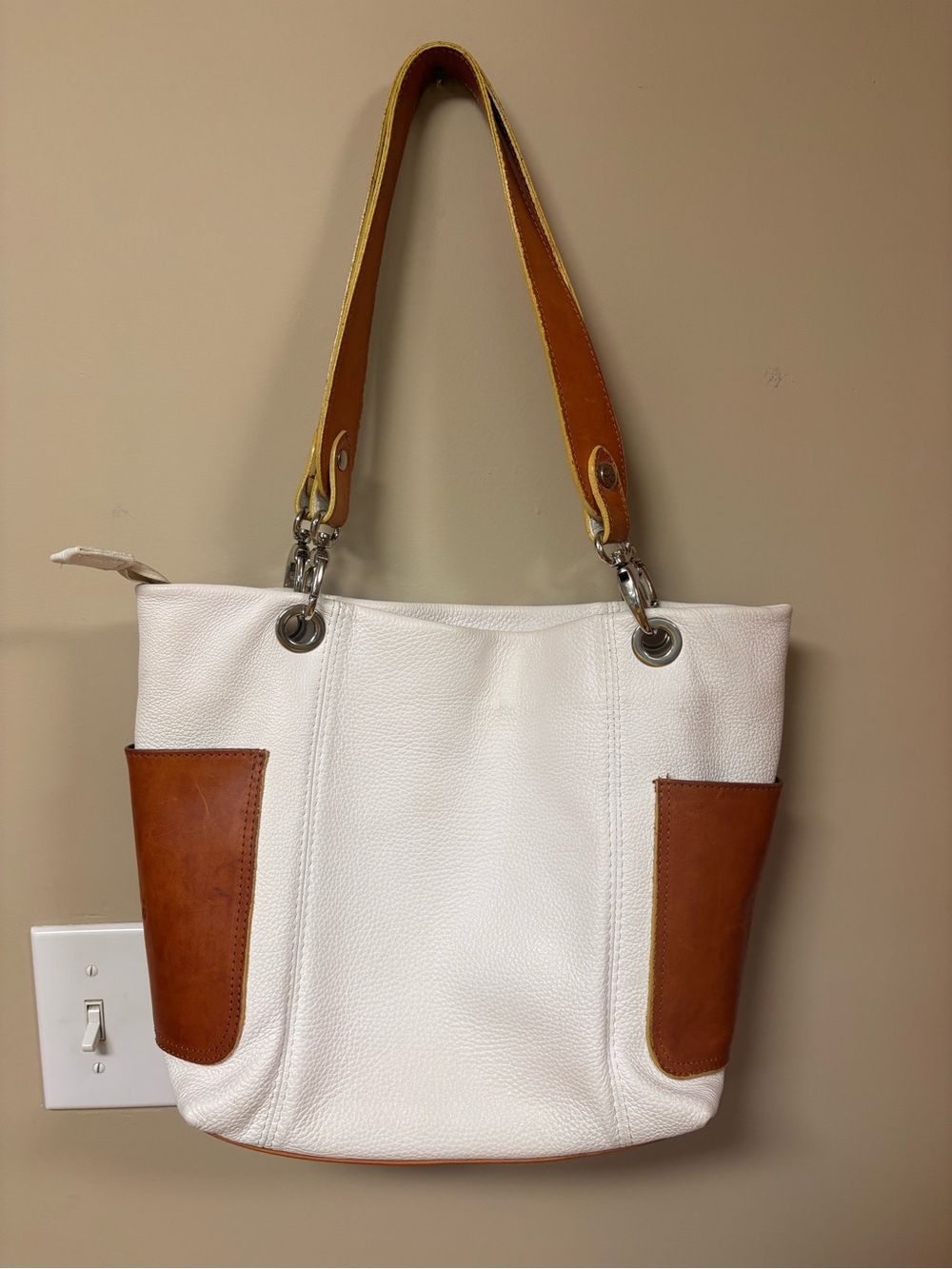 Cristina white leather and cognac trim shoulder tote bag